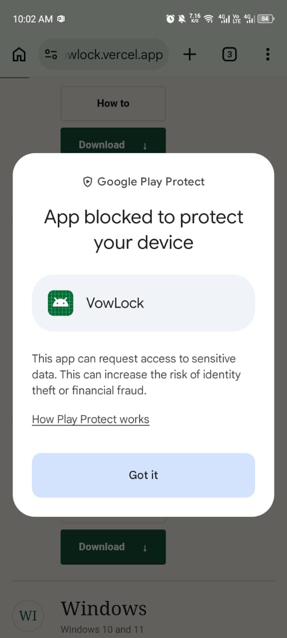 Google Play Protect blocking VowLock installation