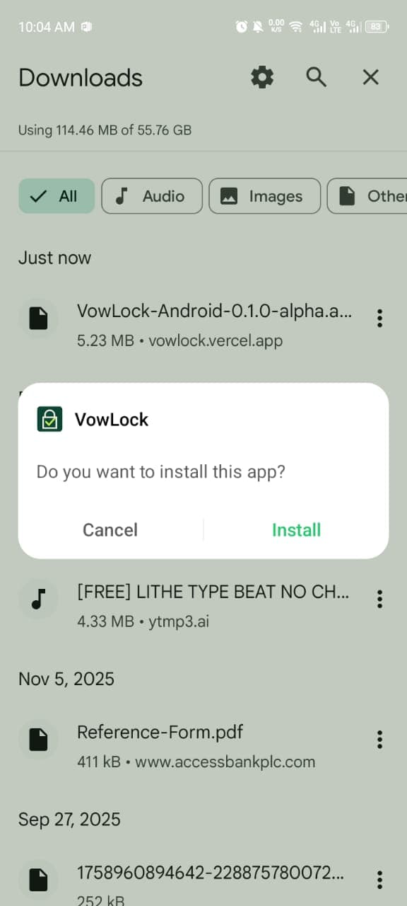 Android asking whether to install VowLock