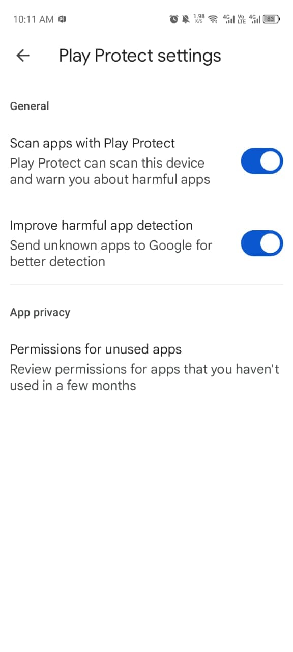 Play Protect settings with app scanning enabled