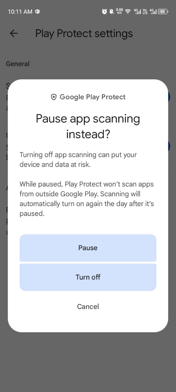 Play Protect asking whether to pause app scanning