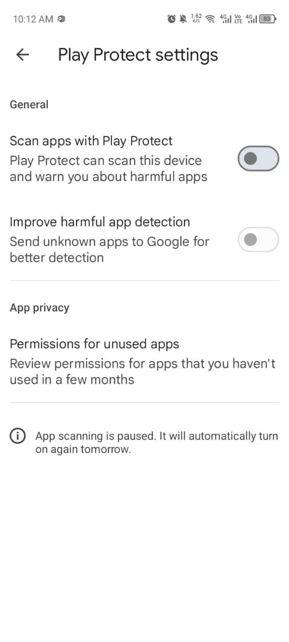 Play Protect settings showing app scanning paused