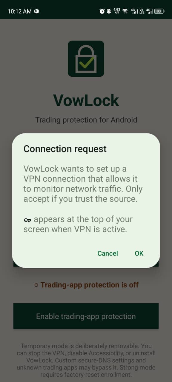 Android VPN connection request for VowLock