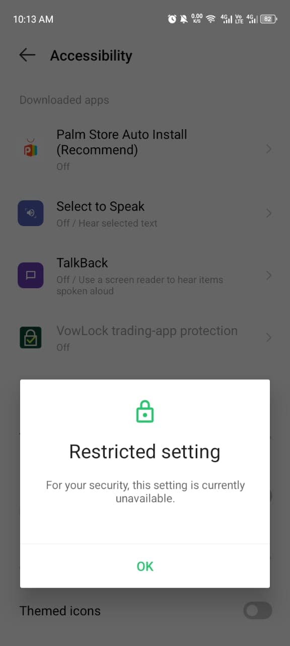 Android showing Restricted setting for VowLock Accessibility